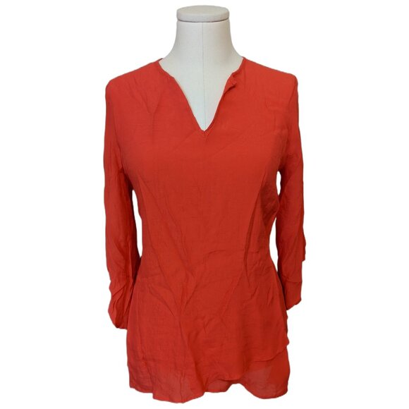 Womens Cristina B. Red V-Neck Top Linen-like Texture Long Sleeve Lagenlook M - Picture 2 of 11